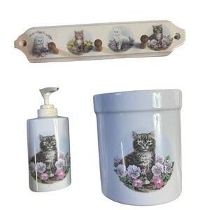 Vintage Ceramic Kitten Floral Bathroom Set Soap Dispenser Tumbler Wall Hook Rack
